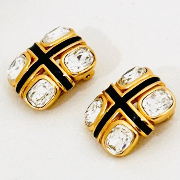 Vintage Christian Dior Gold Tone Faceted Rhinestone/Black Enamel Clip Earrings - Picture 3 of 9